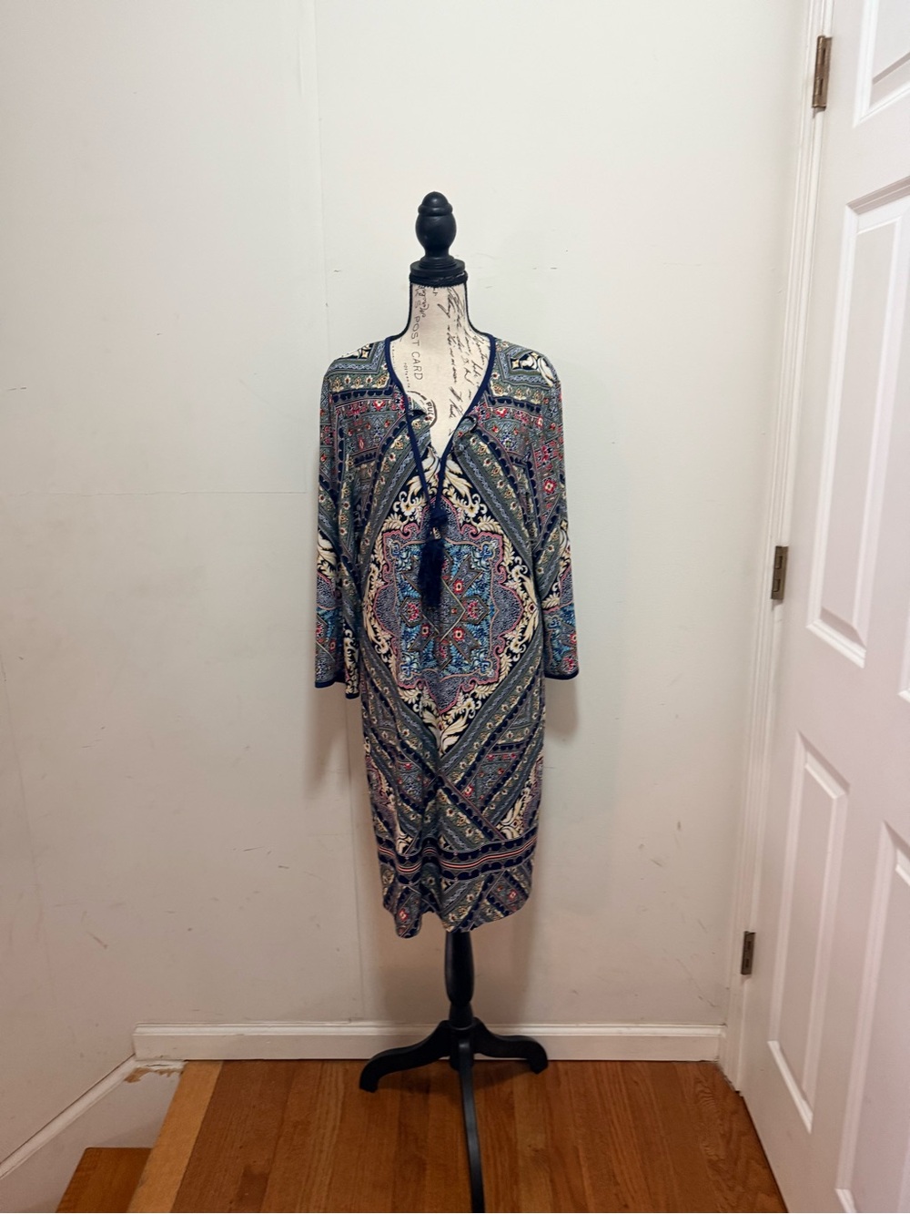 Westport Paisley V-Neck Midi Dress in Blue and Cream